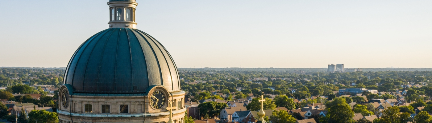 Photo of the Basillica of St. Josephat in Milwaukee, with horizon in the distance